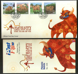 Fiji 2021 Years of Ox Animals Chinese lunar Year 4v FDC + Boucher # F198