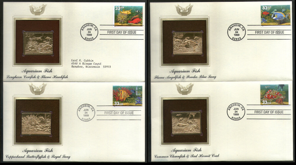 USA 1999 Aquarium Reef Fish Coral Marine Life Gold Replicas Cover Sc 3317-20 # 155 - Phil India Stamps