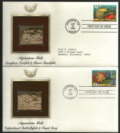 USA 1999 Aquarium Reef Fish Coral Marine Life Gold Replicas Cover Sc 3317-20 # 155 - Phil India Stamps