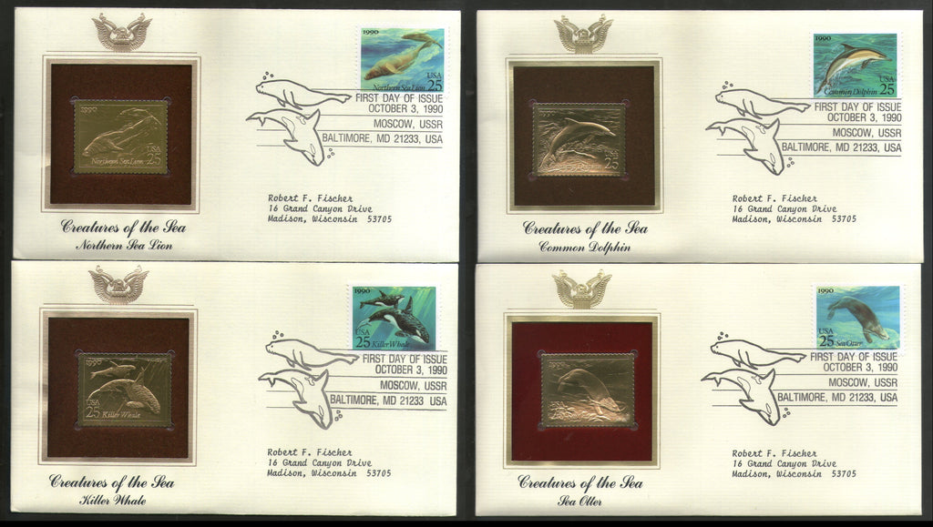 USA 1990 Creature of Sea Marine Life Fish Whale Gold Replicas Cover Set of 4 # 27