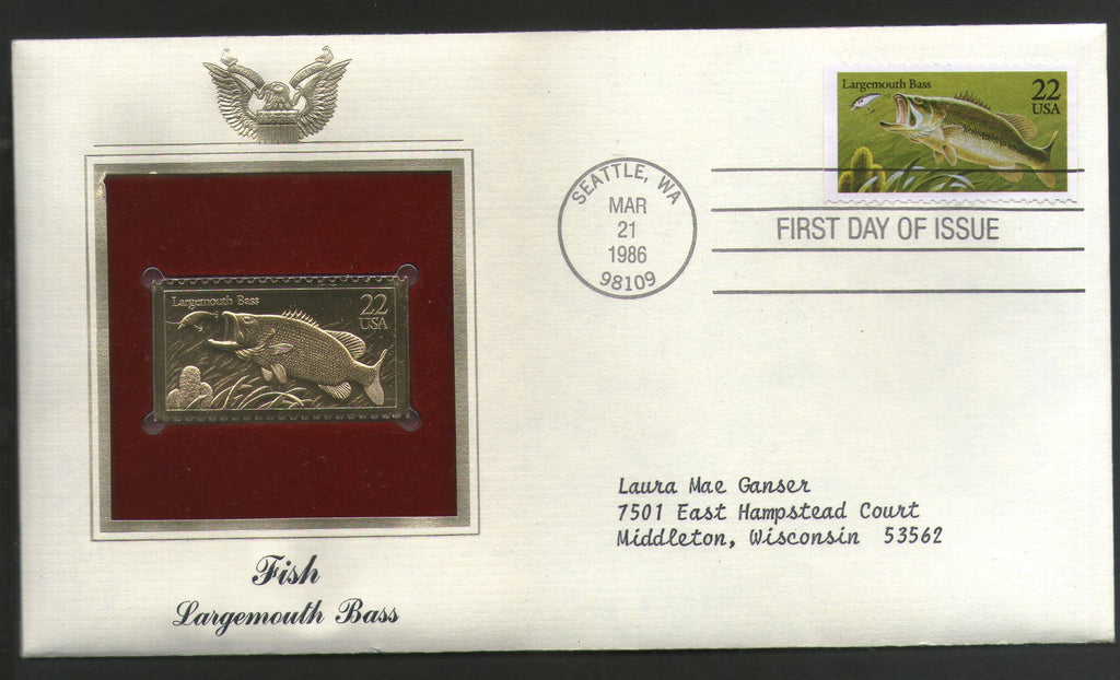 USA 1986 Fish Largemouth Bass Marine Life Animal Gold Replica Cover Sc 2207 # 063 - Phil India Stamps