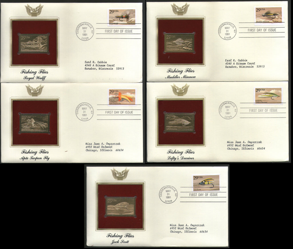 USA 1991 Fishing Flies Insect Fauna Gold Replicas Cover Set of 5 Sc 2545-49 # 097 - Phil India Stamps