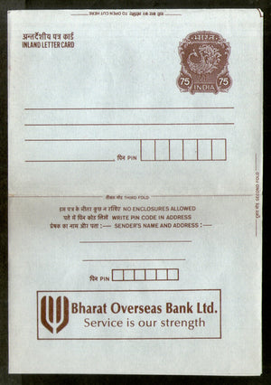 India 1992 75p Peacock Inland Letter Card with Bharat Overseas Bank Advertisement ILC MINT # 324FL