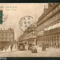 France 1920 PARIS - Rue de Rivoli Street Cars Architecture View Card to India