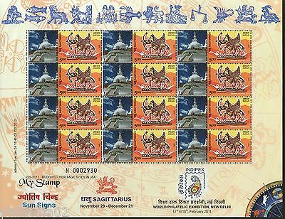 India 2011 Sun Signs - Sagittarius - Shanti Stupa Buddhist JSS My stamp Sheetlet
