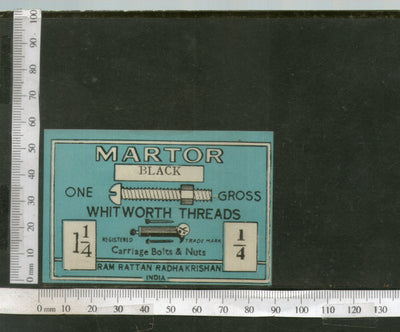India 1960's Martor Brand Carriage Bolts & Nuts Tools Print Label # L2 - Phil India Stamps