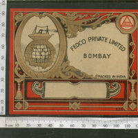 India 1960's Fedco Globe Ship Brand Dyeing & Chemical Germany Print Vintage Label # L43 - Phil India Stamps