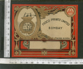 India 1960's Fedco Globe Ship Brand Dyeing & Chemical Germany Print Vintage Label # L43 - Phil India Stamps