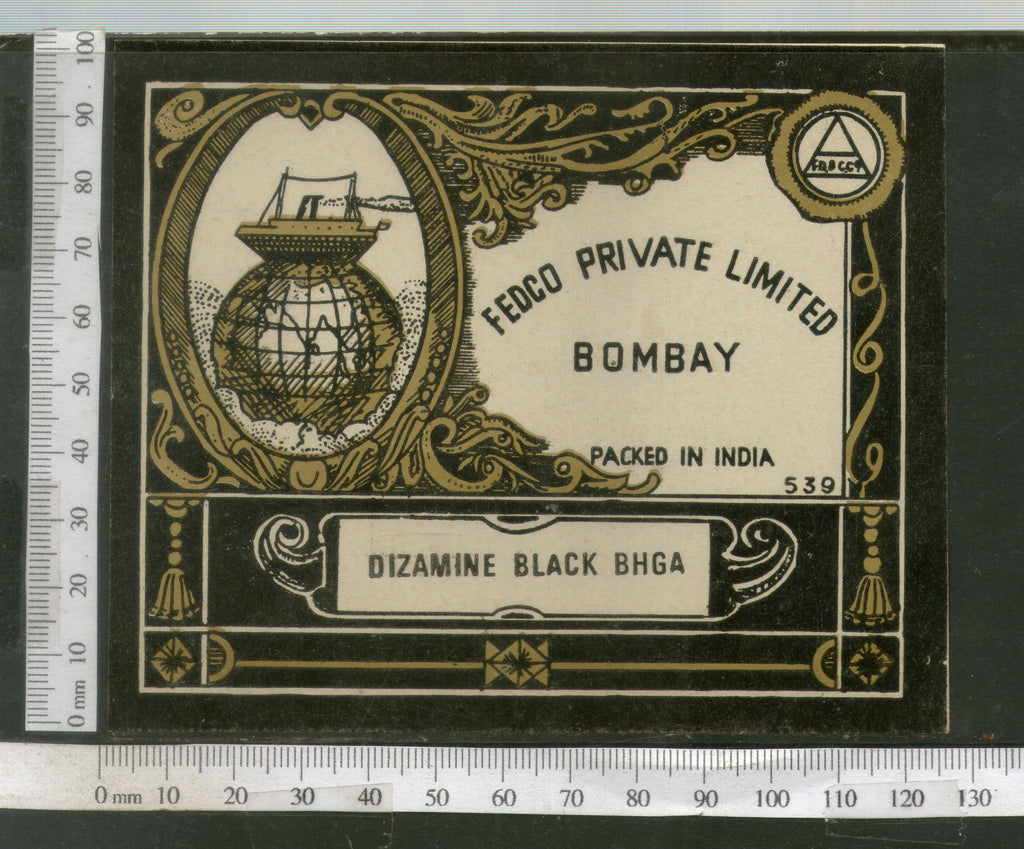 India 1960's Fedco Globe Ship Brand Dyeing & Chemical Germany Print Vintage Label # L48 - Phil India Stamps