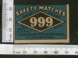 India 1950's Three Nine 999 Brand Match Box Label # MBL107 - Phil India Stamps