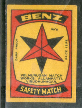 Étiquette de boîte d'allumettes de sécurité India BENZ n° MBL10