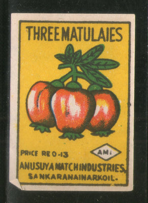 India Three Matulaies Fruit Safety Match Box Label # MBL182