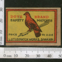 India 1950's Bird Dove Brand Match Box Label Animal # MBL018 - Phil India Stamps