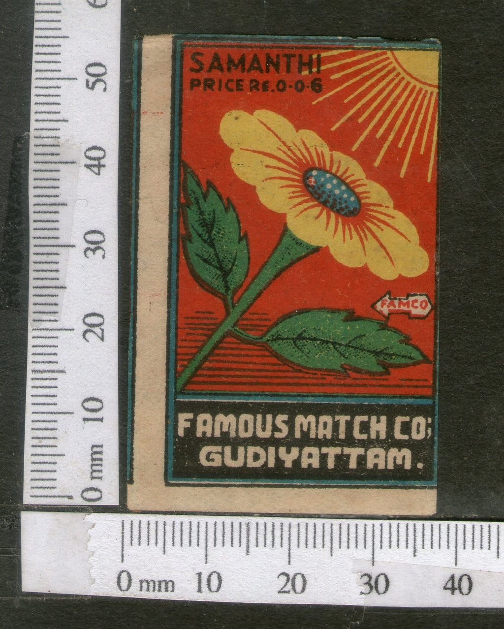 India 1950's Sun Flower Flora Brand Match Box Label # MBL241 - Phil India Stamps