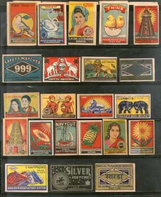 India 1950's 22 Different Match Box Labels Elephant Bird Lion Flower Ship Animal - Phil India Stamps