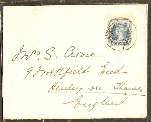 India 1907 QV 1An Cut out Used on Cover to England RARE
