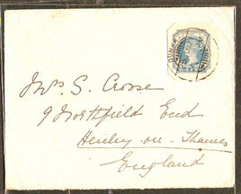 India 1907 QV 1An Cut out Used on Cover to England RARE