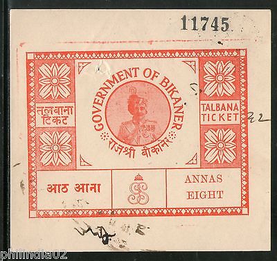 India Fiscal Bikaner State 8As Type 75 KM 545 Talbana Stamp Revenue # 6449A