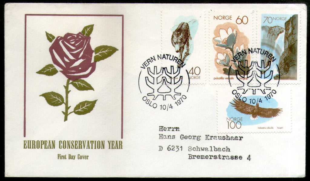Norway 1970 Nature Conservation Year Watefall Eagle Bird Wolf Animals FDC # 235 - Phil India Stamps