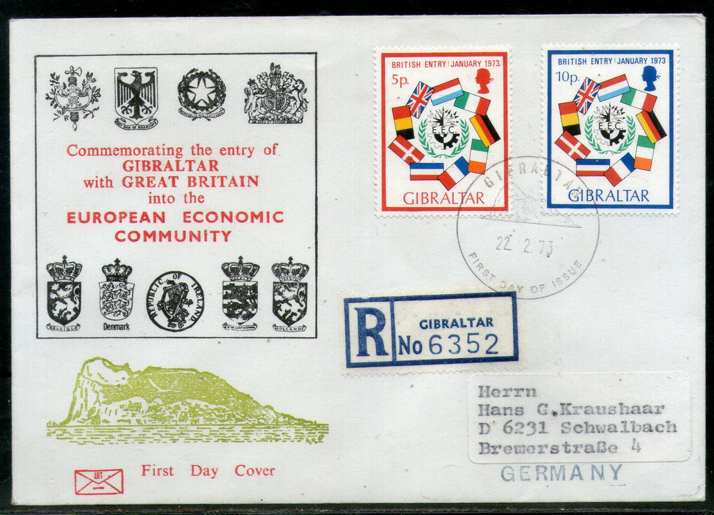 Gibraltar 1973 European Economic Community Flag EEC Coat of Arm Sc 294-5 FDC # 266 - Phil India Stamps