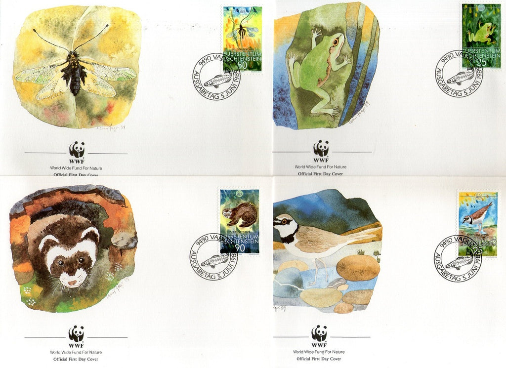 Liechtenstein 1989 WWF Bird Frog Moth Sc 907-10 Wildlife Animal Fauna FDCs # 83 - Phil India Stamps