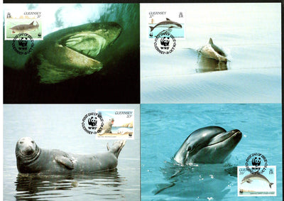 Guernsey 1990 WWF Dolphins Whale Fish Marine Life Animal Sc 441-4 Set Max Cards # 104 - Phil India Stamps