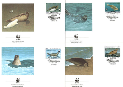 Turkmenistan WWF Caspian Seal Marine Life Animal Fauna Mammals Sc 35-38 FDCs Set # 150 - Phil India Stamps
