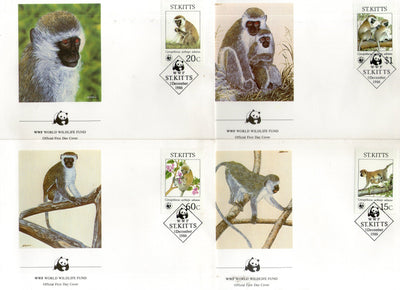 St. Kitts 1986 WWF Green Monkey Wildlife Animal Mammals Fauna 4 FDCs Set # 43 - Phil India Stamps
