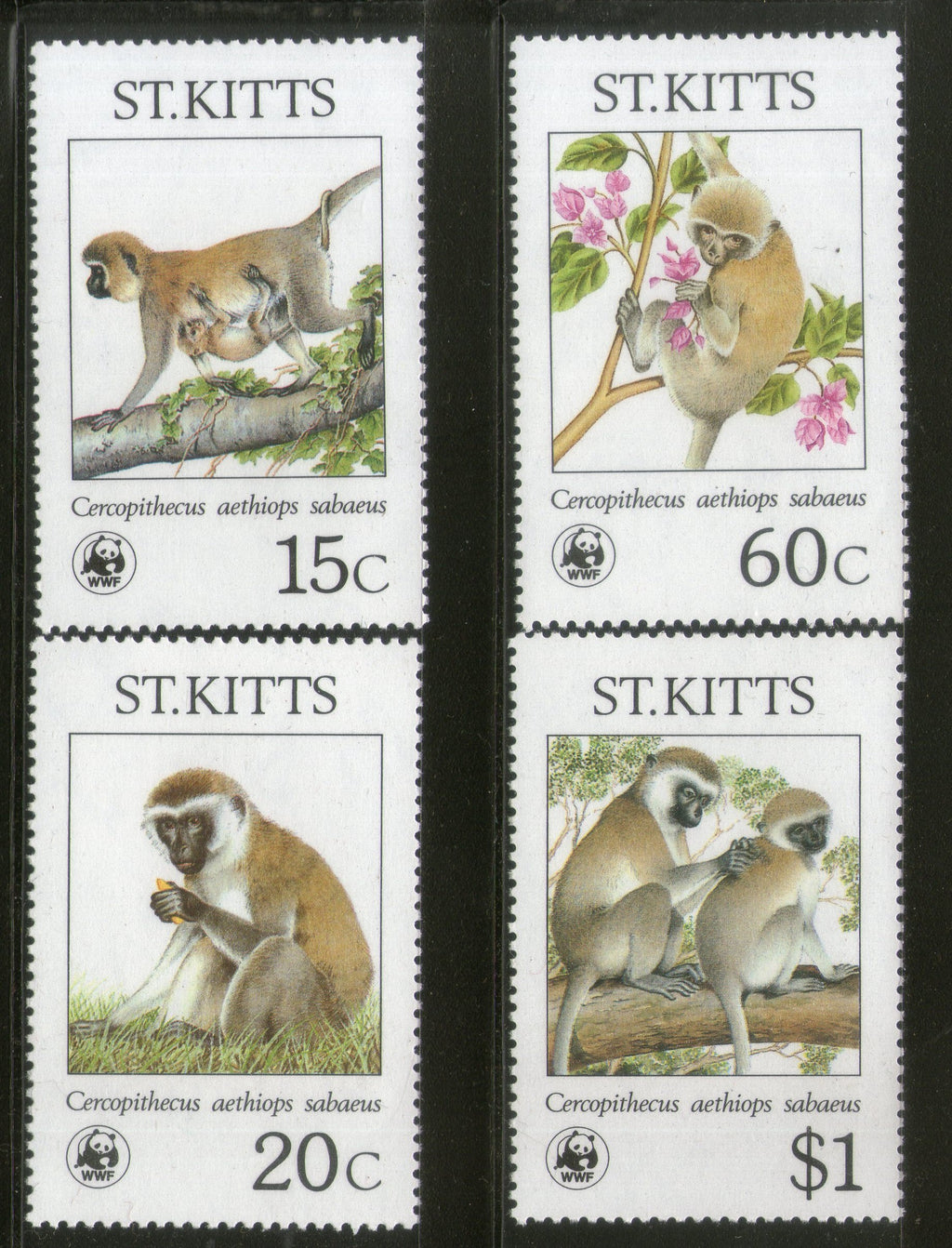 St. Kitts 1986 WWF Green Monkey Sc 189-92 Wildlife Animal Mammal Fauna MNH # 043 - Phil India Stamps
