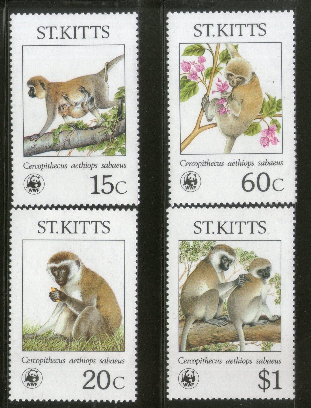 St. Kitts 1986 WWF Green Monkey Sc 189-92 Wildlife Animal Mammal Fauna MNH # 043 - Phil India Stamps