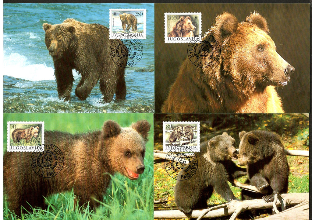 Yugoslvia 1988 WWF Brown Bears Ursus Wildlife Animals Sc 1880-3 Set of Max Cards # 59 - Phil India Stamps