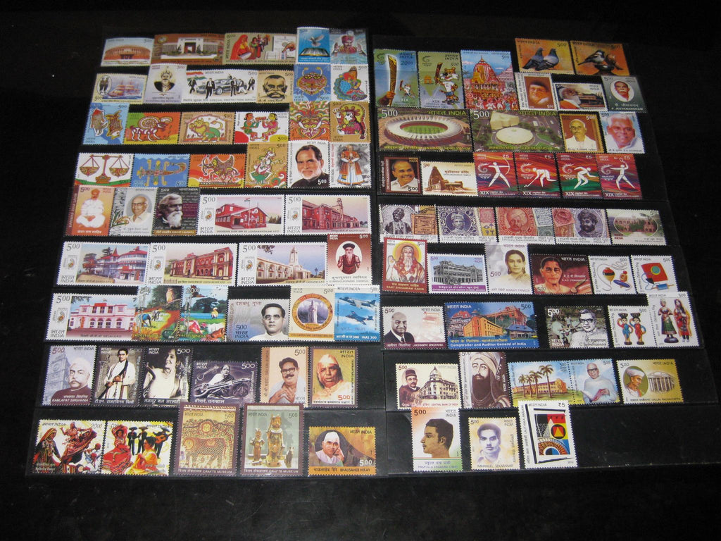 India 2010 Year Pack of 91 Stamps Gandhi Astrological Sign Games Music Baton MNH