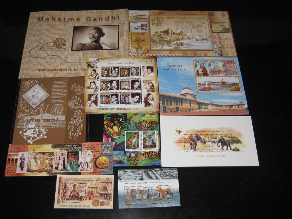India 2011 Year Pack of 9 M/s Gandhi Elephant Tiger Cinema Airmail Tagore MNH