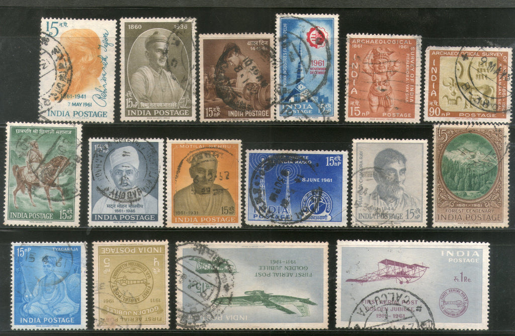 India 1961 Used Year Pack of 16 Stamps Airmail Archeological Survey Tagore Radio - Phil India Stamps