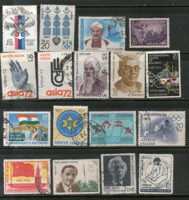 India 1972 Used Year Pack of 17 Stamps Hockey Railway USSR Russell Olympic Sikh - Phil India Stamps