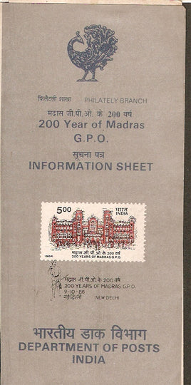 India 1986 Year of Madras G.P.O Phila-1047 Cancelled Folder