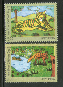 India 2009 Children's Day Painting Tiger Deer Wildlife Phila 2534-35 MNH