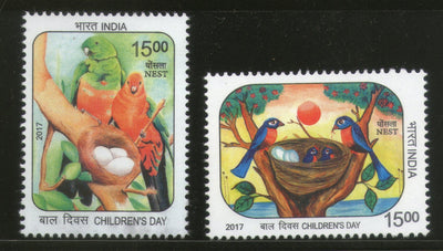 India 2017 Children's Day Paintings Nest Egg Birds Parrot Wildlife 2v MNH - Phil India Stamps