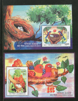 India 2017 Children's Day Paintings Nest Egg Birds Parrot Wildlife 2 M/s Set MNH - Phil India Stamps