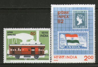 India 1982 INPEX Stamp on Stamp Railway Flag Phila-917-18 MNH
