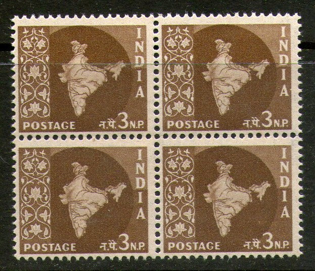 India 1958 3rd Definitive Series - 3np Map WMK Ashokan BLK/4 Phila-D54 / SG 401 MNH - Phil India Stamps