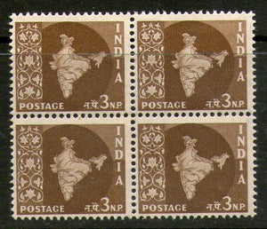 India 1958 3rd Definitive Series - 3np Map WMK Ashokan BLK/4 Phila-D54 / SG 401 MNH - Phil India Stamps