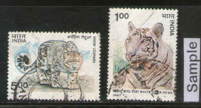 India 1987 White Tiger & Snow Leopard Wildlife Animal 2v Phila-1100a Used Set