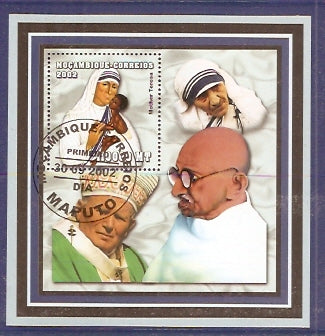 Mozambique 2002 Mahatma Gandhi Noble Prize Winner Mother Teresa Pope John Paul II M/s Cancelled