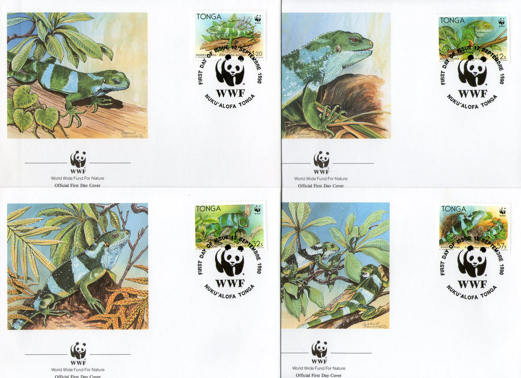 Tonga 1990 WWF Banded Iguana Reptiles Sc 204-07 Wildlife Animals Fauna FDCs Set # 102 - Phil India Stamps